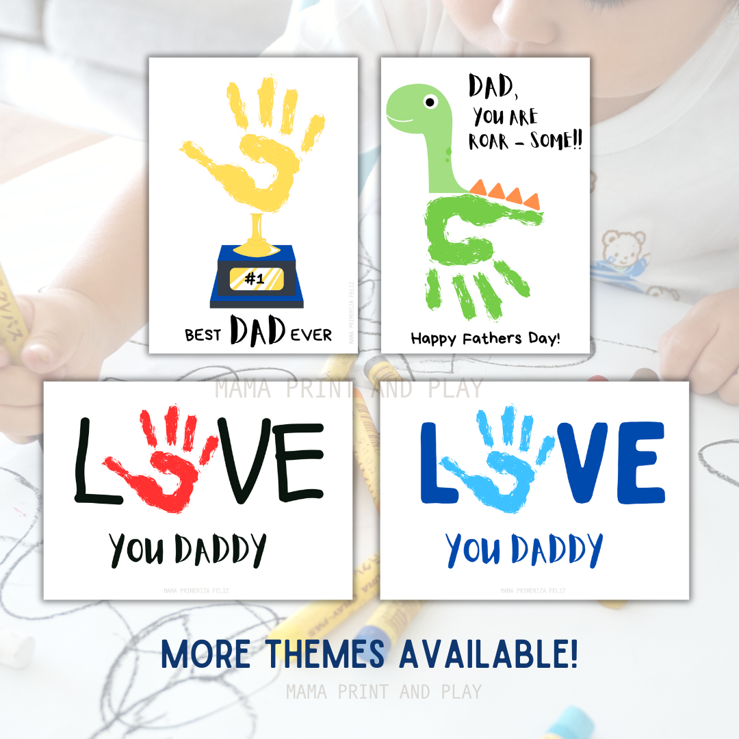 Imprimible del día del padre, manuelidad de huellas de manos, regalo del día del padre, tarjeta de actividad de huellas de manos preescolar