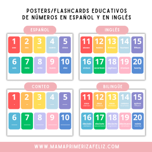 Posters y flashcards de aprendizaje bilingues para niños sobre los números | Bilingüal toddler learning numbers